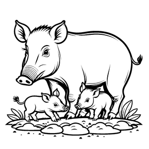 Schützende Wildschwein-Mama mit zwei fröhlichen Ferkeln Ausmalbild für kleine Entdecker voller Neugier