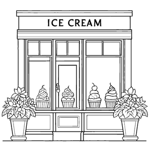 Wunderschöner Eisladen mit bunten Cupcakes und Pflänzchen Ausmalvorlage für kreative Naschkatzen