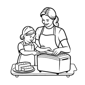 Köstlicher Kuchen mit Mutter und Kind beim Backen Ausmalvorlage für kleine Geschmackszauberer