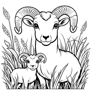 Zwei bezaubernde Ziegen mit süßem Zicklein im hohen Gras Ausmalvorlage für fantasievolle Tierfreunde
