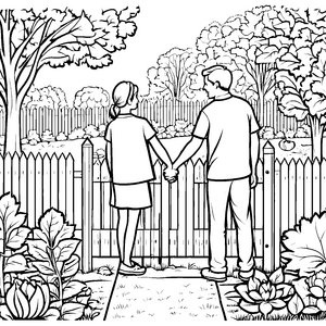 Romantische Hand-in-Hand Begegnung am Gartenzaun Ausmalbild für träumende Geschichtenerzähler