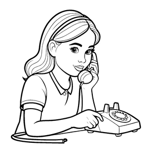 Lebhaftes Mädchen am Festnetztelefon Ausmalmotiv für kleine Kommunikationsgenies