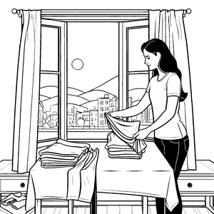 Praktische Frau mit gefalteten Damen-T-Shirts am Fenster Ausmalmotiv für neugierige Alltagsentdecker