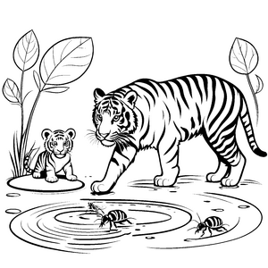 Neugieriges Tigerbaby am Wasser mit bunten Insekten Malvorlage für kleine Entdeckerfreunde