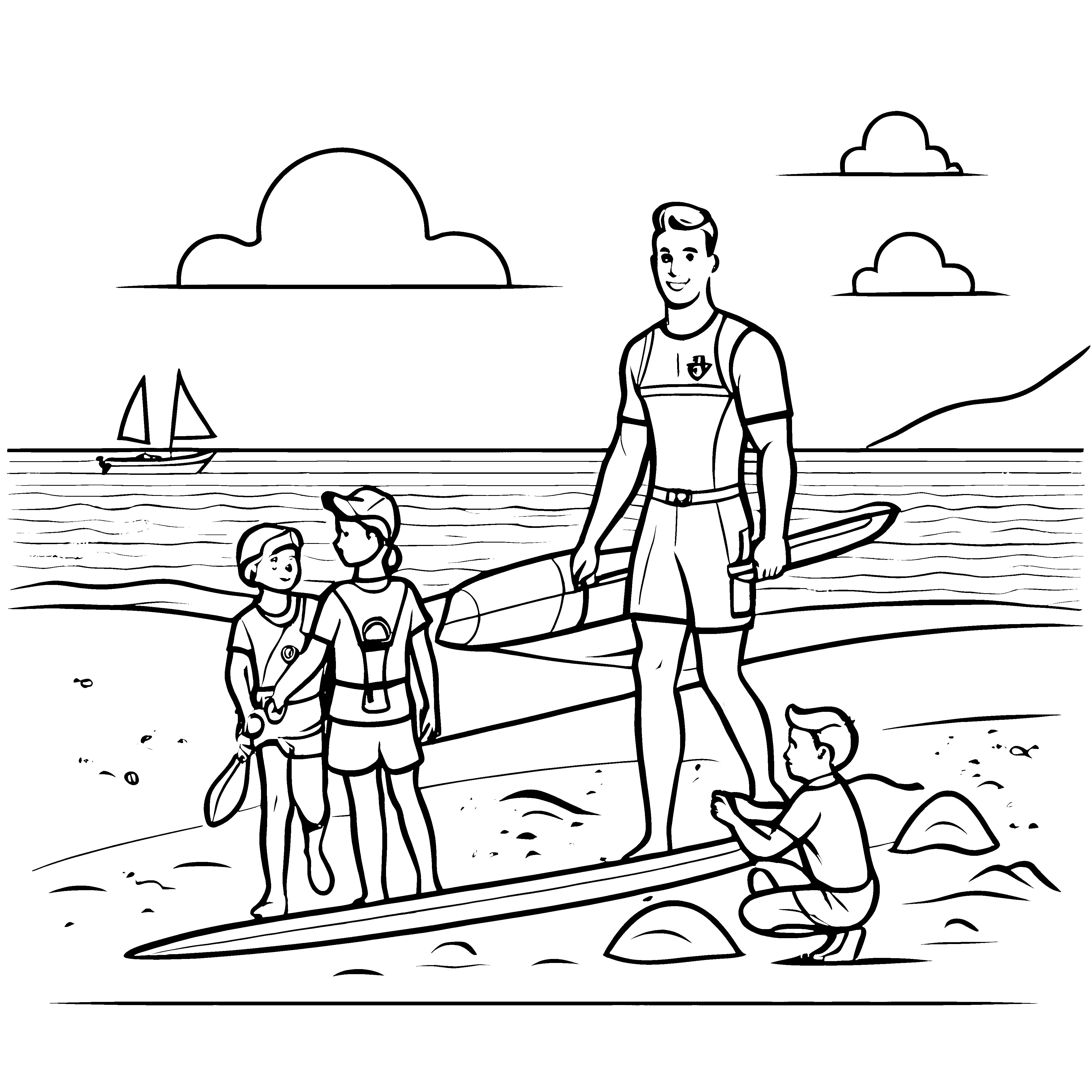 Begeisterter Rettungsschwimmer mit fröhlichen Kids auf Surfboards Ausmalbild für kleine Strandentdecker