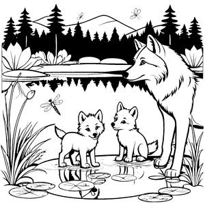 Faszinating Wolfsmama mit ihren zwei verspielten Welpen Ausmalmotiv für kleine Naturentdecker