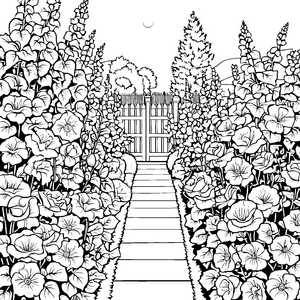 Zauberhafte Hecke mit blühendem Weg und Tor Malvorlage für kleine Gartenentdecker