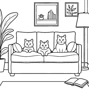 Drei verspielte Katzen auf stilvollem Dreisitzer-Sofa Ausmalbild für neugierige Stubentiger-Fans