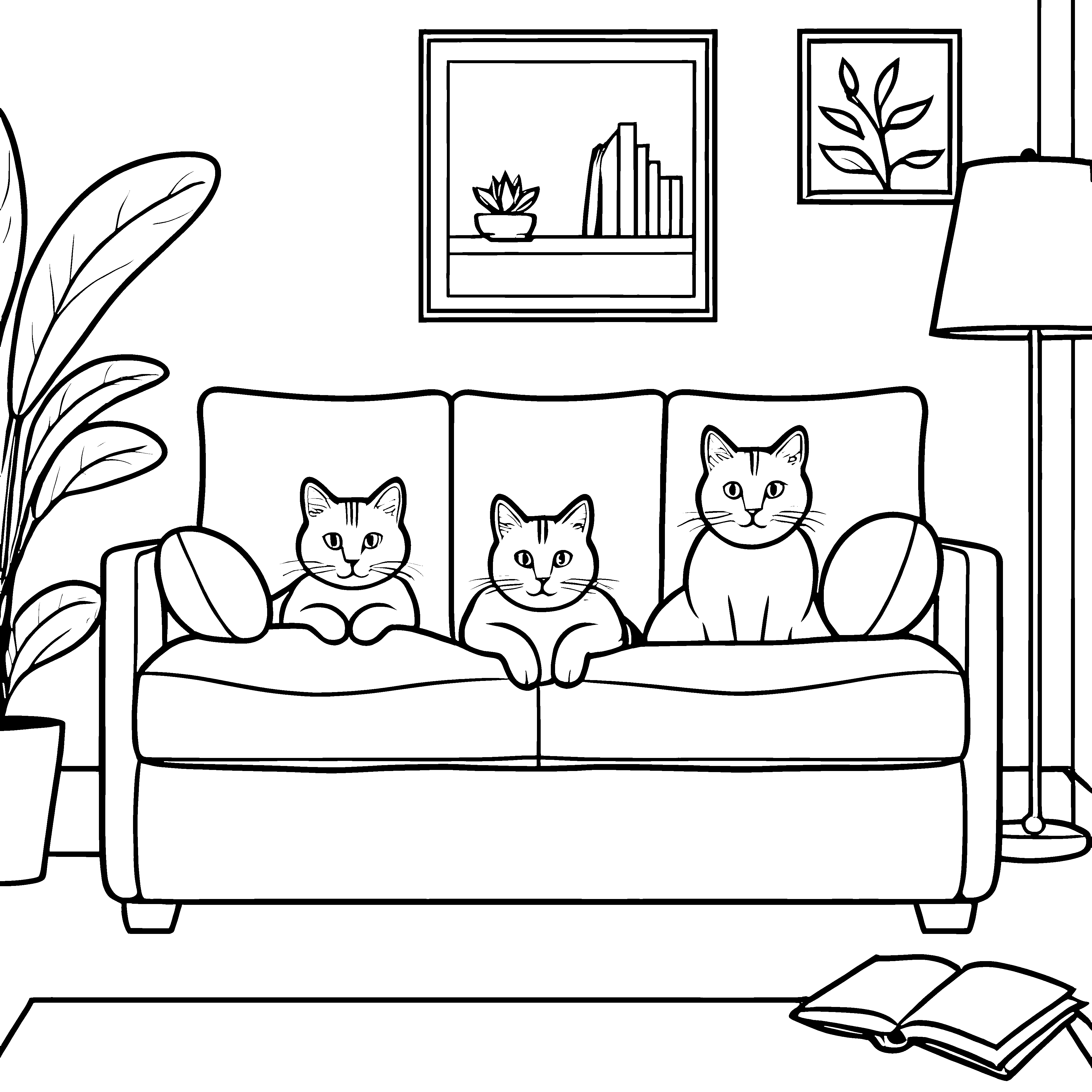 Drei verspielte Katzen auf stilvollem Dreisitzer-Sofa Ausmalbild für neugierige Stubentiger-Fans