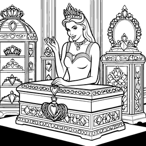 Faszinierende Königin mit funkelnder Tiara auf Bank Ausmalmotiv für strahlende Fantasieträume