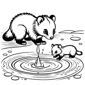 Niedliches Stinktier-Baby neben sprudelndem Wasser Malvorlage für neugierige kleine Abenteurer und kreative Forscher