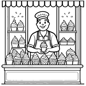 Kreativer Bäcker mit fantasievollen Cupcakes Malvorlage für neugierige Naschfreunde auf süßer Abenteuerreise