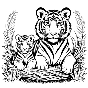 Kuscheliges Tigerbaby ruht zusammen mit der Mama Malvorlage für träumerische Entdecker