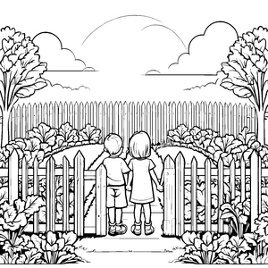 Verspielte Kinder am weißen Lattenzaun Ausmalbild für kreative Entdecker und lustige Künstler