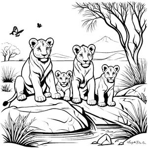 Vier neugierige Löwenbabys auf Felsen Ausmalbild für abenteuerliche kleine Forscher