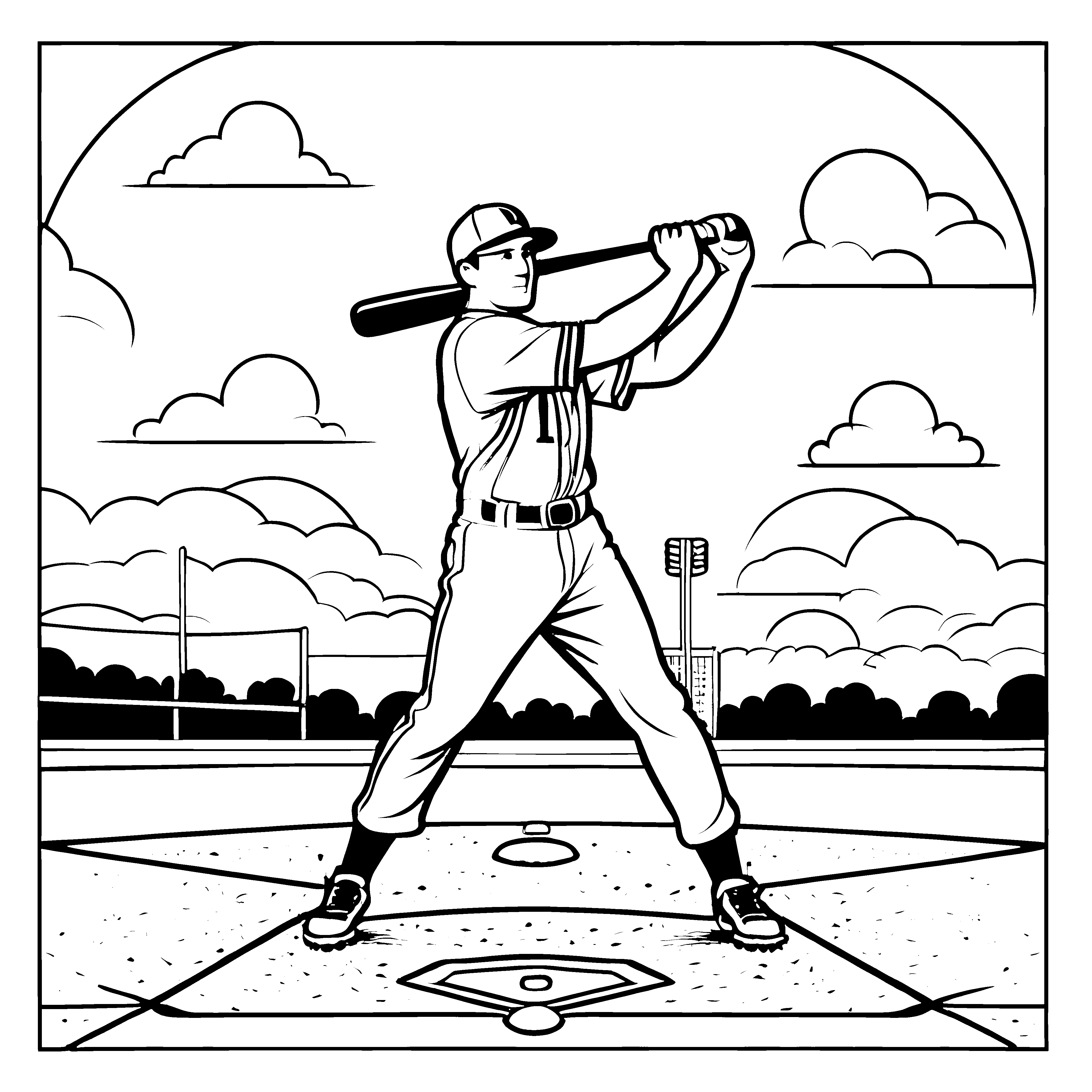 Spannender Baseballspieler am Home Plate mit Schläger Malvorlage für kleine Champions