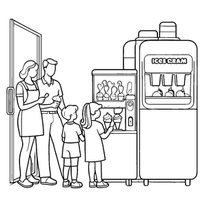 Familie vor der Eismaschine mit schmackhaften Leckereien Ausmalbild für freudige Eisliebhaber