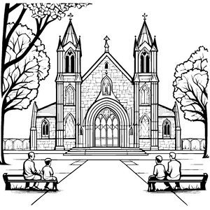 Einladende Kirche mit herbstlicher Szenerie Malvorlage für fantasievolle Entdecker