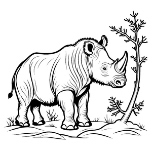 Wollnashorn-Jungtier neben einem kleinen Baum Ausmalbild für fantasievolle Tierfreunde