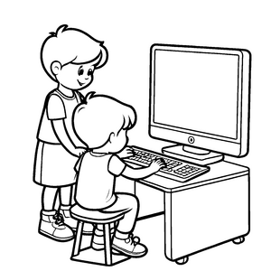 Zwei fröhliche Kinder am faszinierenden Computer Ausmalbild für kleine Technikenthusiasten