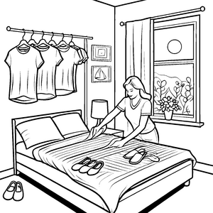 Entspannte Frau mit Damen-T-Shirt beim Bügeln Ausmalvorlage für kreative Modemacher