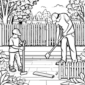 Kreative Baustelle mit Mann und Kind am Gartenzaun Ausmalvorlage für kleine Handwerker und Entdecker