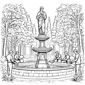 Drei beeindruckende Statuen am Brunnen Ausmalvorlage für neugierige Kunstliebhaber
