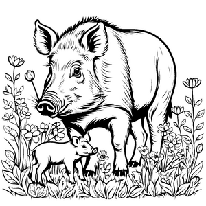 Niedliches Wildschwein-Baby mit kleinem Freund unter blühenden Pflanzen Ausmalmotiv für fantasievolle Künstler