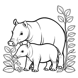 Zwei tapsige Tapir Jungtiere mit blühendem Blumenmotiv Ausmalvorlage für kleine Abenteurer und Naturfreunde
