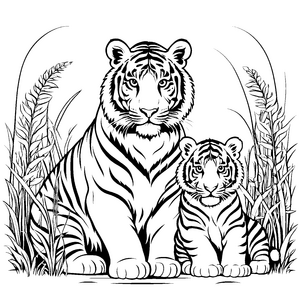 Zwei charmante Tigerbabys mit Mama im Gras Malvorlage für kleine Naturfreunde
