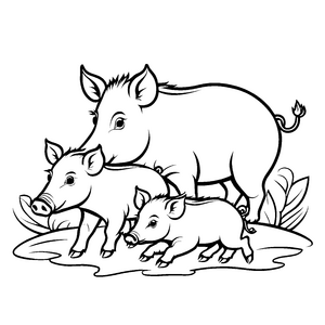 Herzliche Wildschwein-Familie mit ihren zwei kleinen Ferkeln Ausmalvorlage für fantasievolle Naturbändiger mit großer Liebe zur Tierwelt