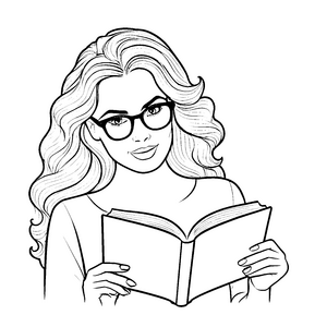Wellenfrisur mit Brille und offenem Buch Ausmalbild für neugierige Leseratten