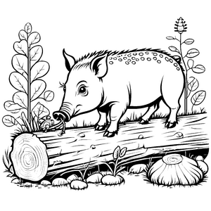 Abenteuerliches Wildschwein-Baby auf einem Baumstamm Ausmalvorlage für unerschrockene Entdecker mit großen Träumen