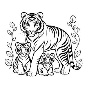 Drei lebhafte Tigerbabys im aufregenden Dschungel Ausmalmotiv für junge Tierentdecker