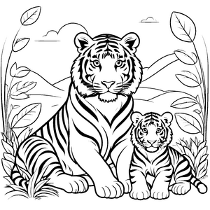 Majestätische Tiger-Mutter mit ihrem niedlichen Jungtier Ausmalmotiv für furchtlose Tierliebhaber