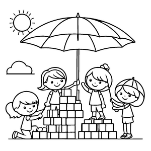 Bauende Kinder unter schützendem Sonnenschirm Ausmalbild für kleine Architekturträumer