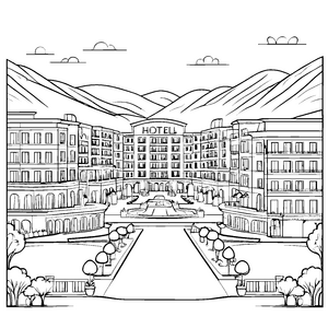 Fantasievolles Hotelgebäude mit hübschem Pool Malvorlage für kleine Urlaubsträumer