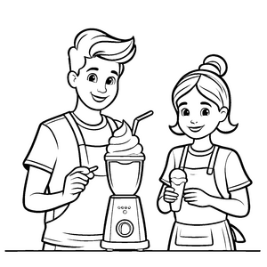 Begeisternde Milchshake-Zubereitung mit Standmixer und lachenden Kindern Ausmalvorlage für kleine Genussexperten