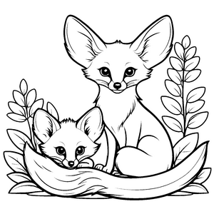 Zwei bezaubernde Wüstenfuchs-Babys zwischen Blättern Ausmalbild für kleine Fantasieabenteurer und kreative Traumschmiede