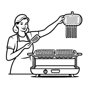 Fröhliche Köchin mit Grill und leckeren Speisen Ausmalmotiv für kleine Schlemmerforscher
