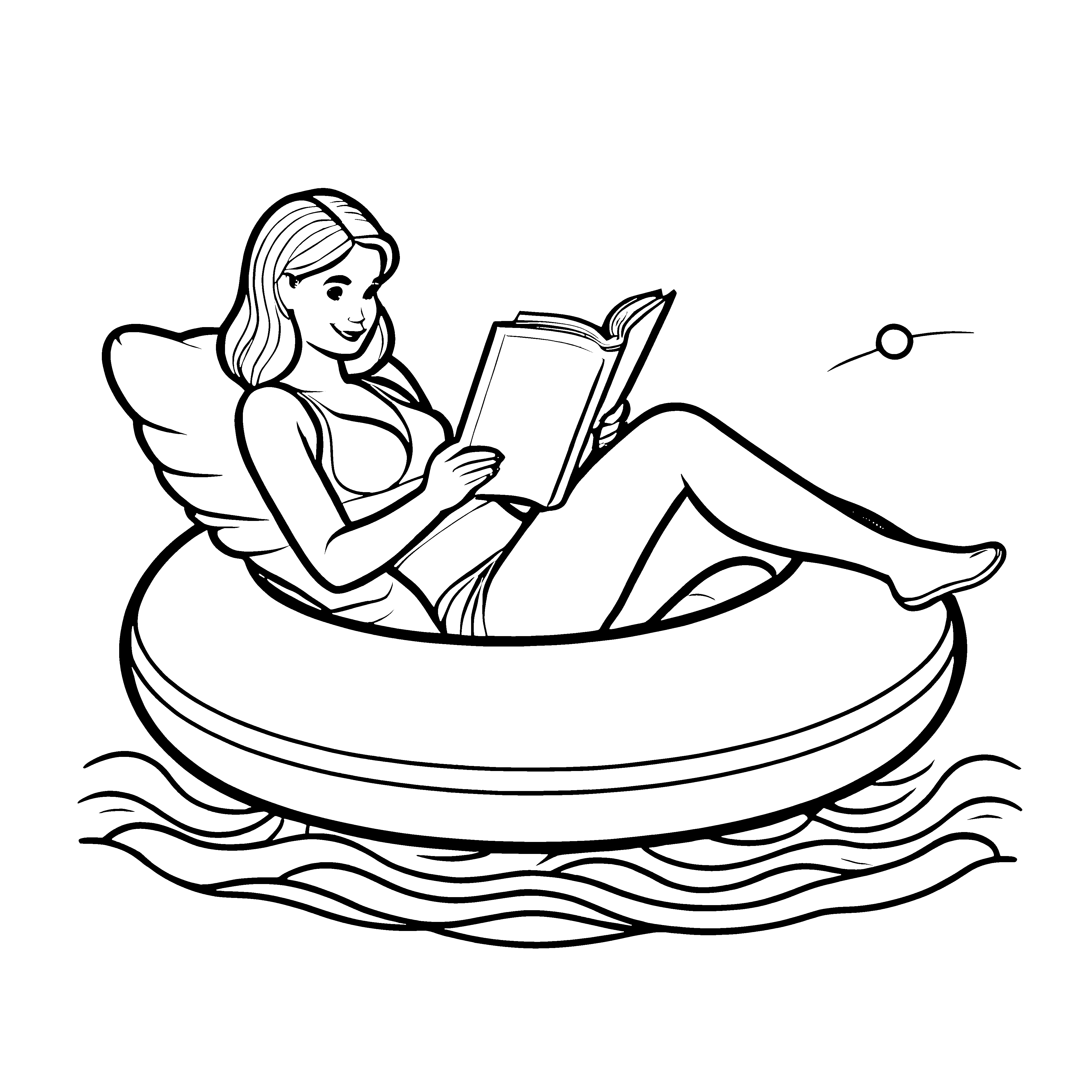 Fantasievolle Lesestunde mit einer Dame im Schwimmreifen Ausmalbild für träumerische Wassermädchen