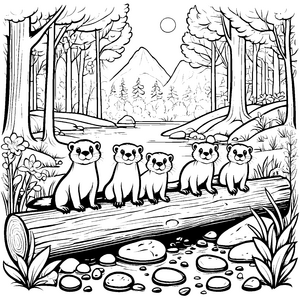 Sechs verspielte Otterbabys auf umgestürztem Baum Malvorlage für kleine Naturforscher