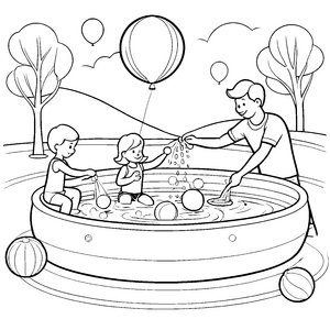Fröhliches Planschbecken mit tollenden Kindern und bunten Bällen Ausmalvorlage für kleine Wasserzauberer