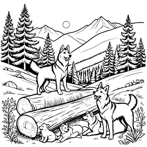 Faszinierende Huskys mit süßen Welpen im Wald Ausmalmotiv für neugierige Tierfreunde