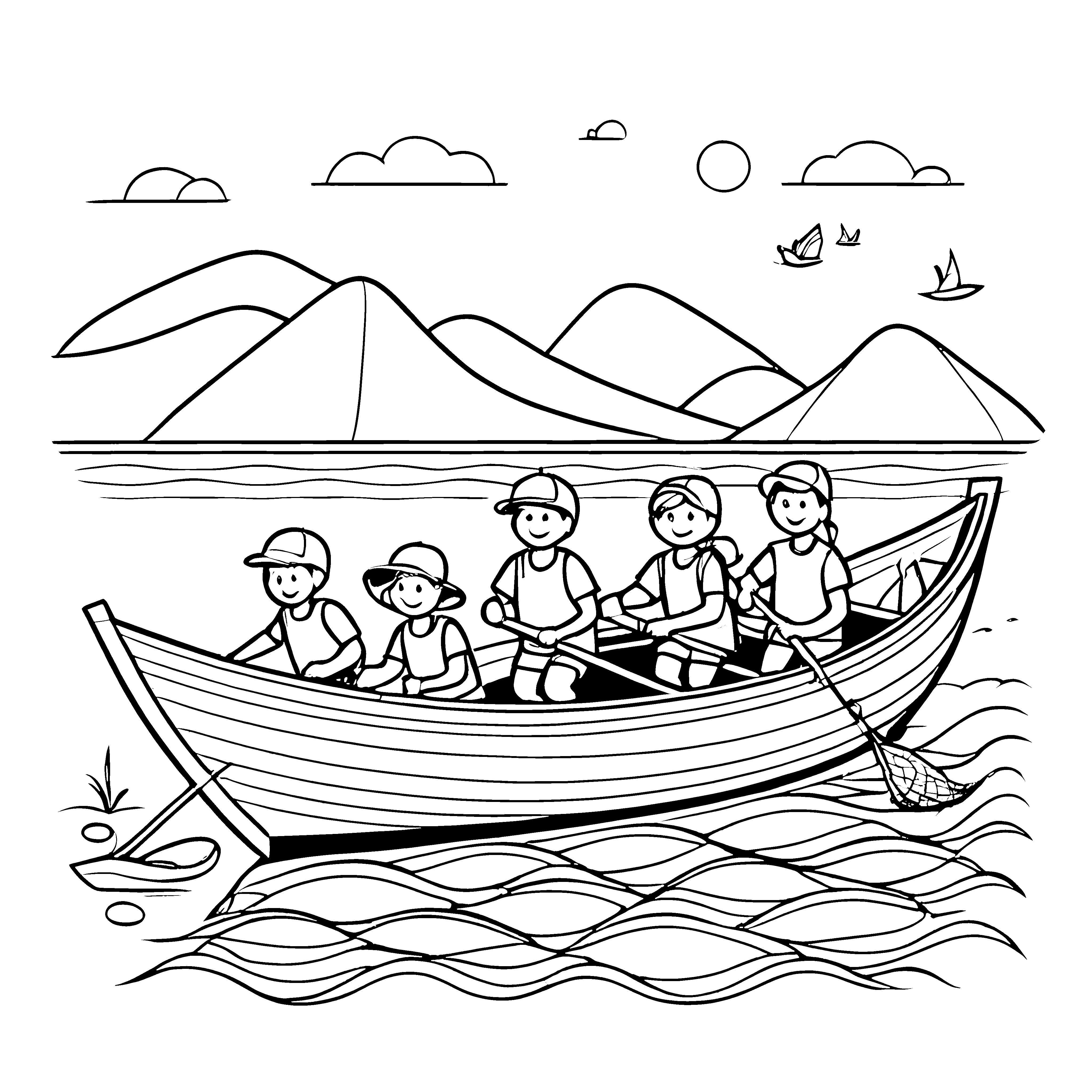 Ruderboot mit fröhlicher Gruppe Ausmalmotiv für abenteuerlustige Kinder