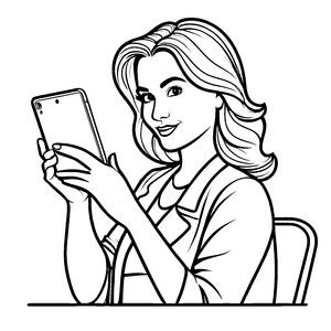 Lächelnde Frau mit Tablet und gemütlichem Stuhl Ausmalbild für digitale Künstler mit Phantasie