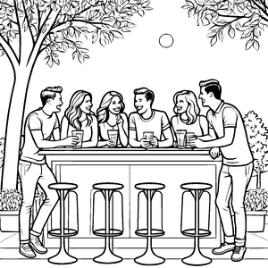 Begeisterte Freunde an der Bar mit Drinks Ausmalbild für fröhliche Entdecker