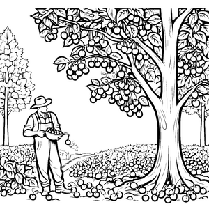 Fröhlicher Mann pflückt knackige Äpfel am Baum Malvorlage für abenteuerlustige Obstkenner