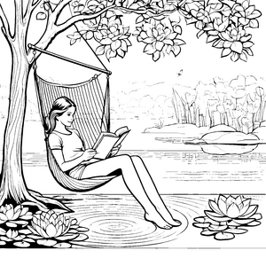 Harmonischer Hängesessel unter blühendem Baum Ausmalbild für fantasievolle Bücherwürmer