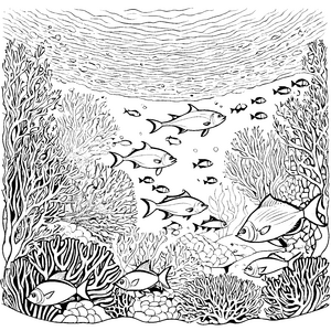 Bezaubernder Thunfisch mit neugieriger Fischschule Ausmalbild für kleine Meeresfreunde